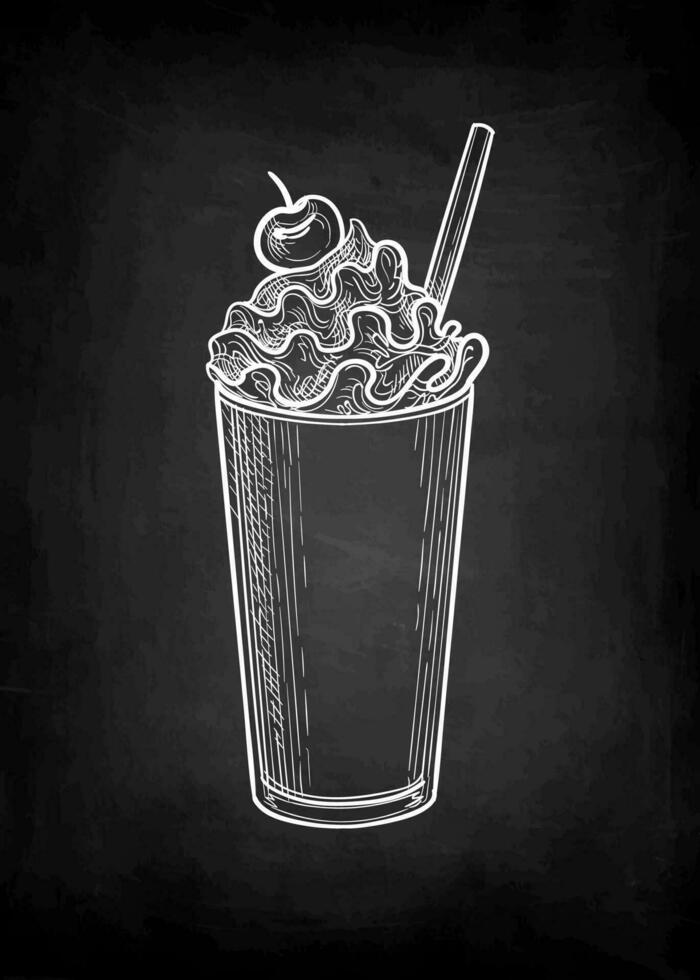milkshake i papper eller plast kopp med lock och sugrör. krita skiss på svarta tavlan bakgrund. hand dragen vektor illustration. retro stil.