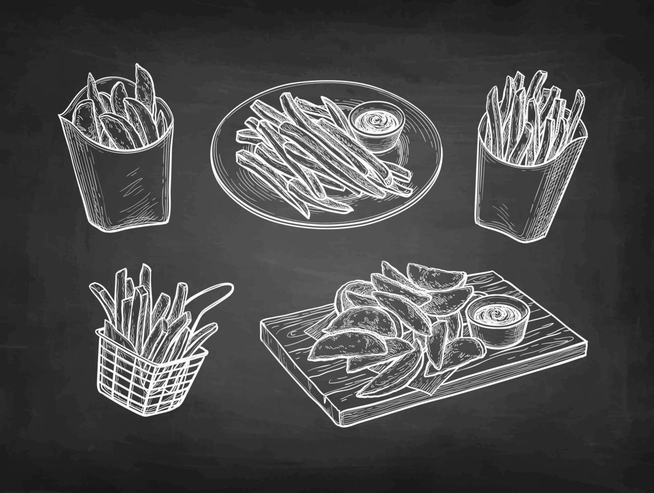 potatis kilar och franska pommes frites. krita skiss på svarta tavlan bakgrund. hand dragen vektor illustration. retro stil.