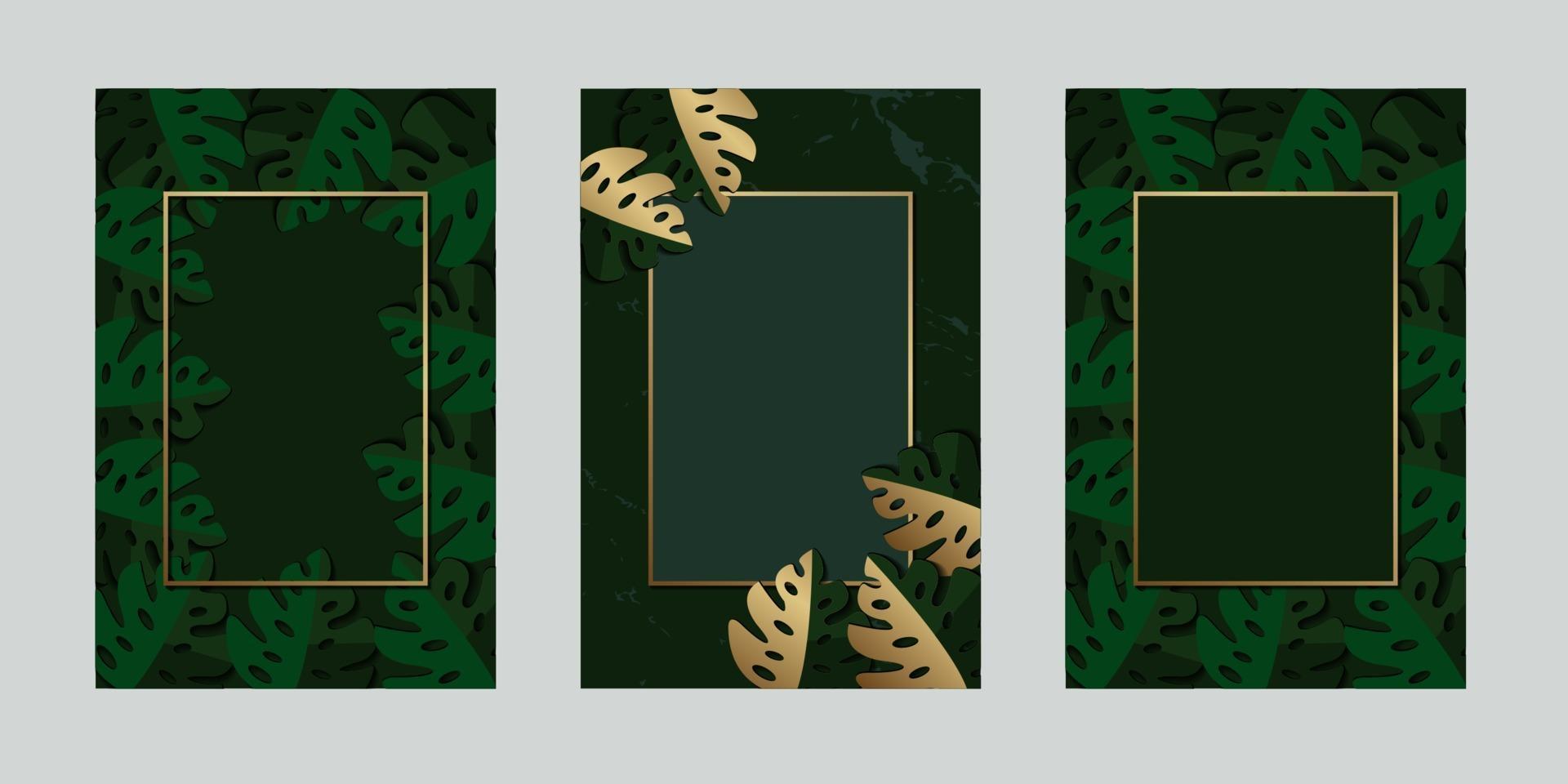 tropisches Gold des grünen Einladungskartenblattes mit Rahmen für Textnachrichtvektorentwurfsillustration vektor