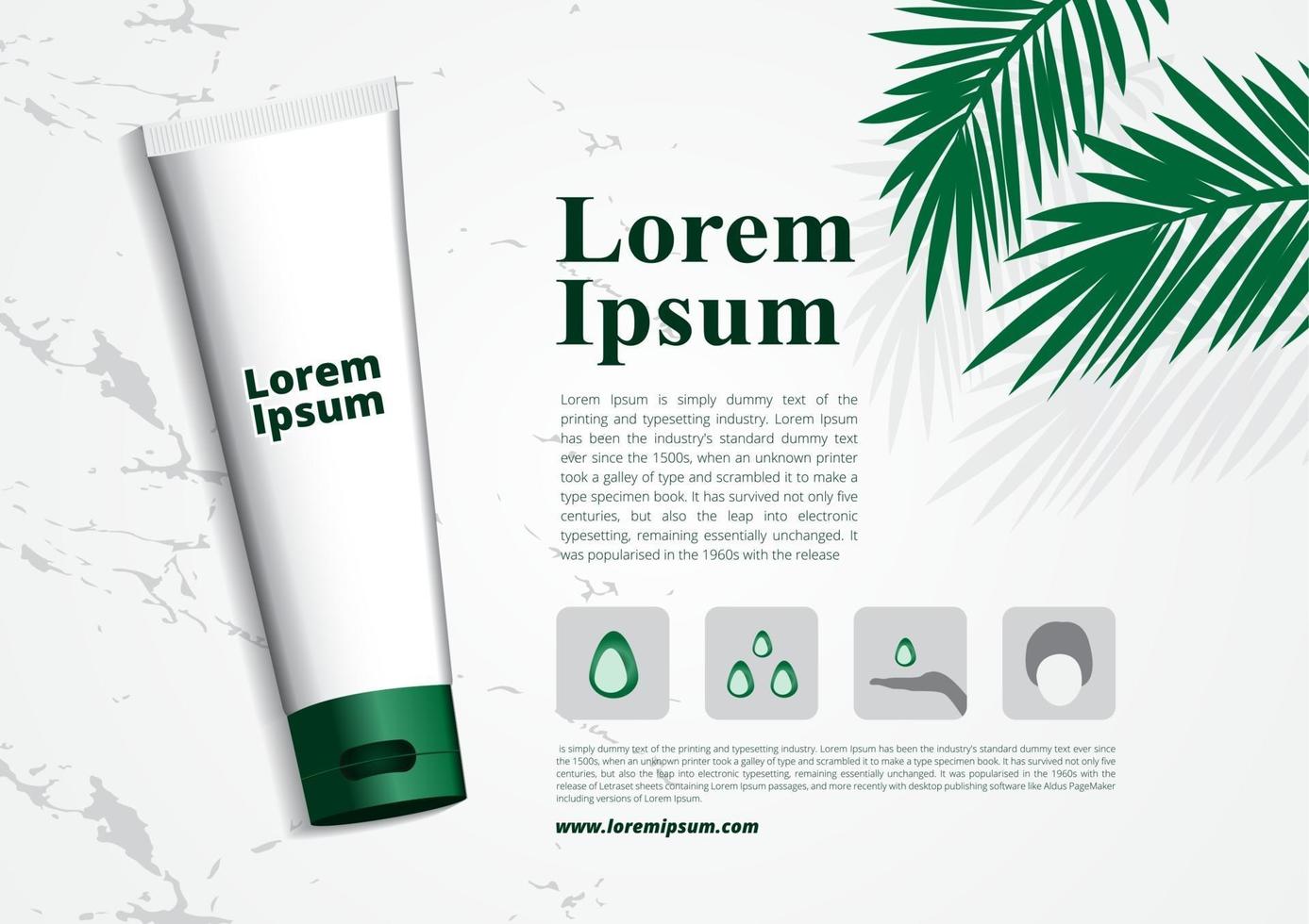 kosmetiska 3d-paketet vit marmor bakgrund organiska gröna blad med mall för ikon skum tvätt vektor