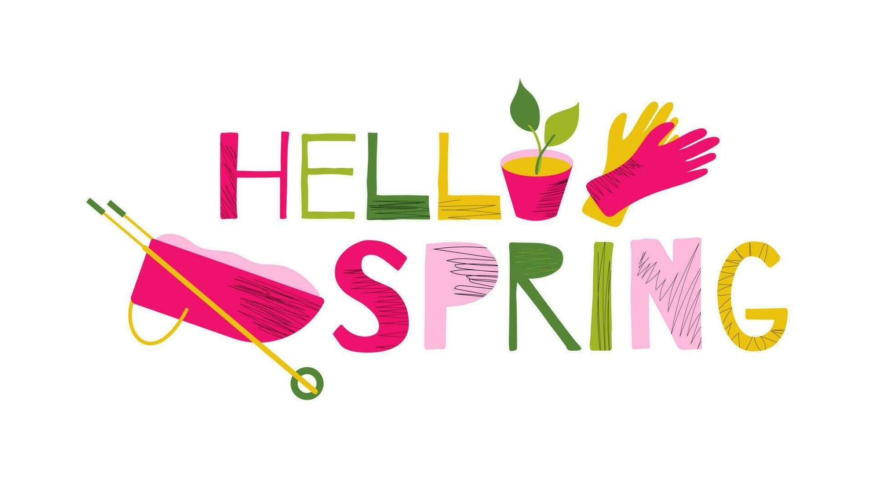 Hallo Frühling Beschriftung mit Garten Werkzeuge Vektor Illustration