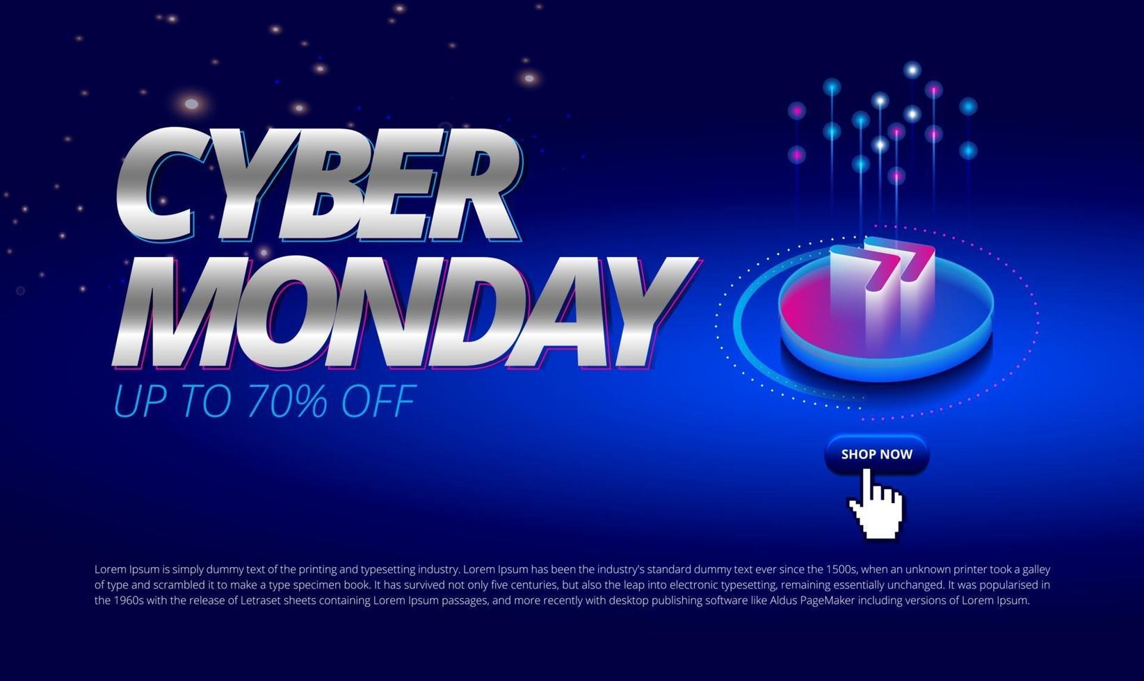 cyber måndag online försäljning händelse blå utrymme bakgrund med nästa ikon shoppa nu vektor för banner omslag illustration