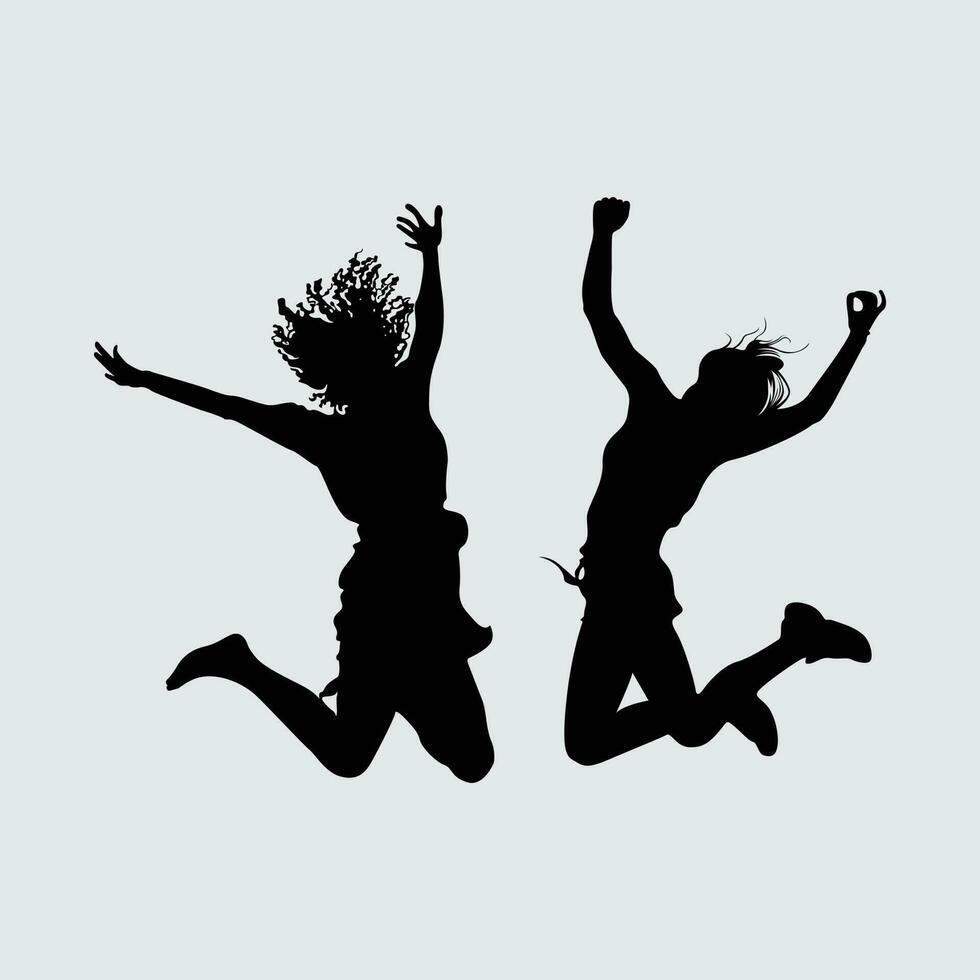 två flickor hoppar i de luft silhuett, roligt, Lycklig, Framgång, känna fri, musik konsert, exits kvinna klämma konst. vektor