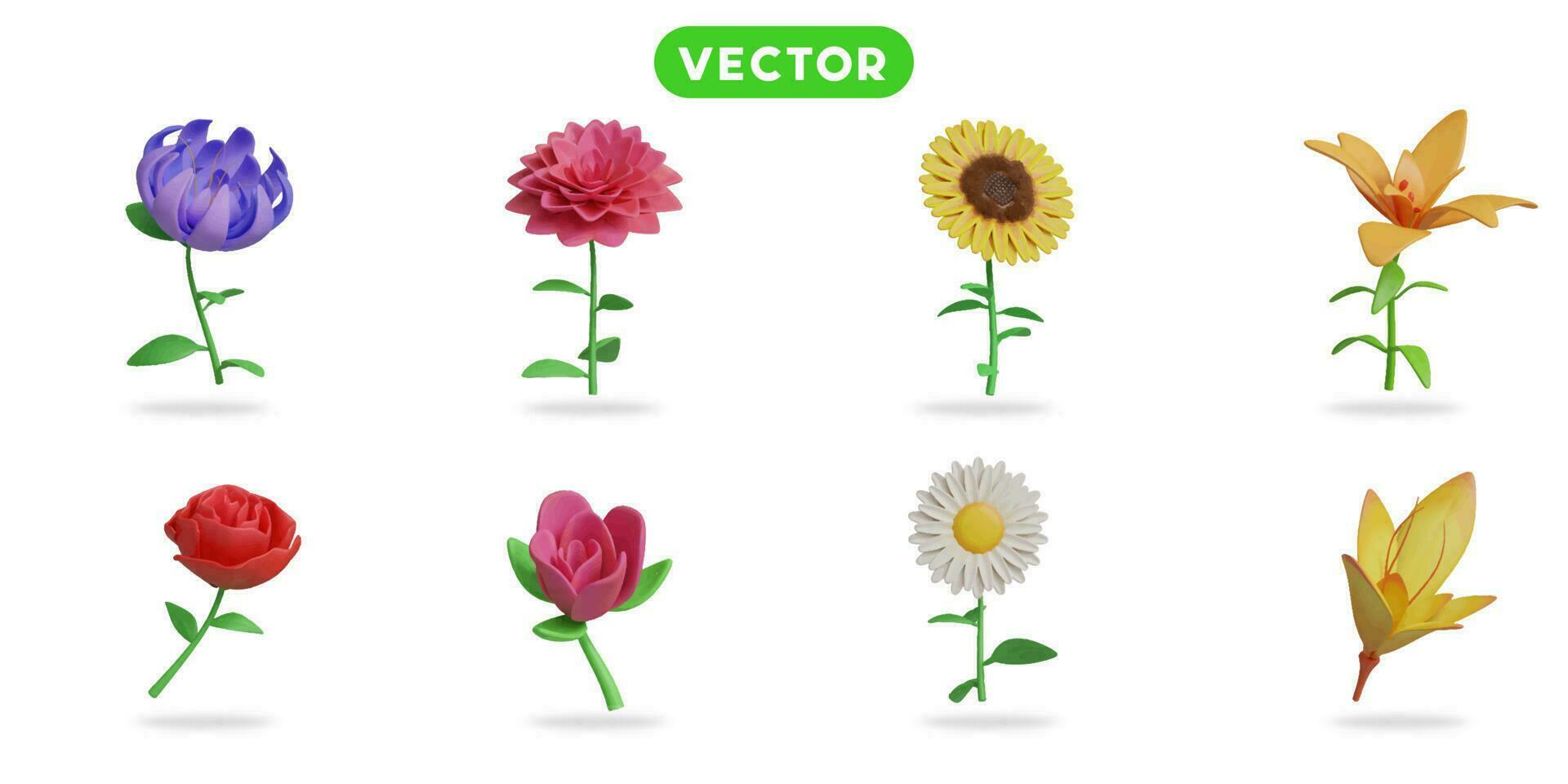 3d tolkning. blommor i vår och sommar ikoner uppsättning på en vit bakgrund cremon blomma, dahlia blomma, solros, tiger lilja, reste sig, tulpan, tusensköna, lilja vektor