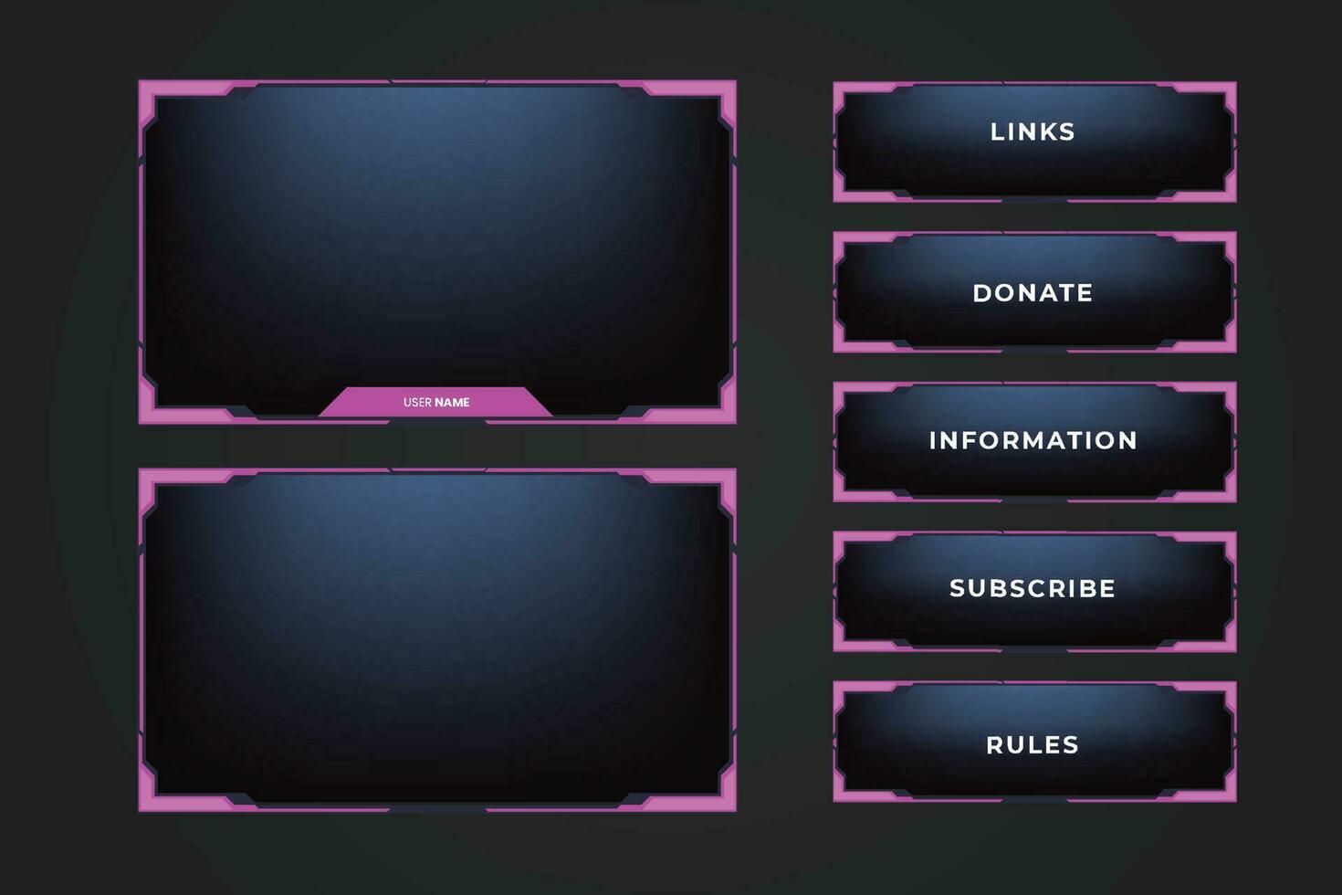 enkel gaming skärm gränssnitt och strömning täcka över vektor med flickaktigt rosa färger. uppkopplad flicka gamer skärm panel dekoration på en mörk bakgrund. strömning täcka över mall vektor med knappar.