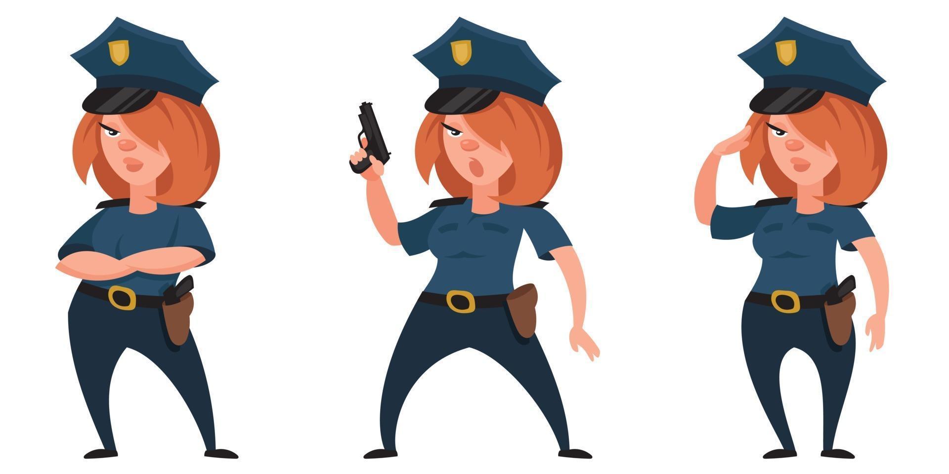 kvinnlig polis i olika poser. vektor