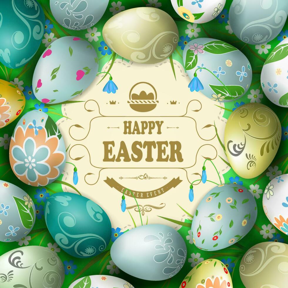 Ostern Komposition mit schön Eier gezeichnet im ein Kreis, Blumen und Gras. Licht lockig Rahmen mit flechten und Text. vektor