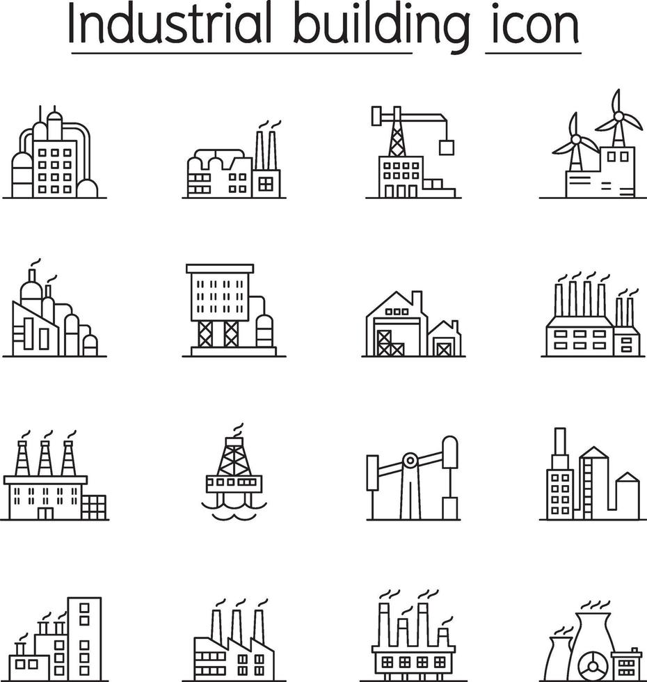 Industriegebäude, Fabrik, Pflanzenikone im dünnen Linienstil vektor