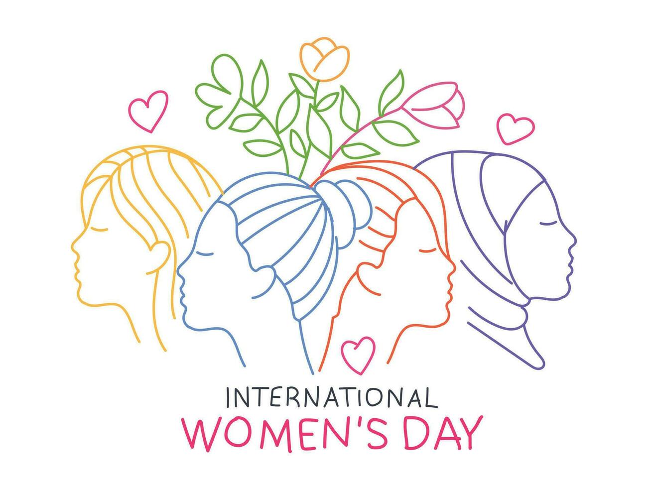 International Damen Tag Gruß Karte. abstrakt anders Frauen Porträts im Linie Stil vektor