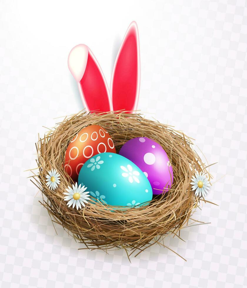 Ostern Eier mit ein Muster im ein Stroh Nest mit Blumen, Design Element. vektor