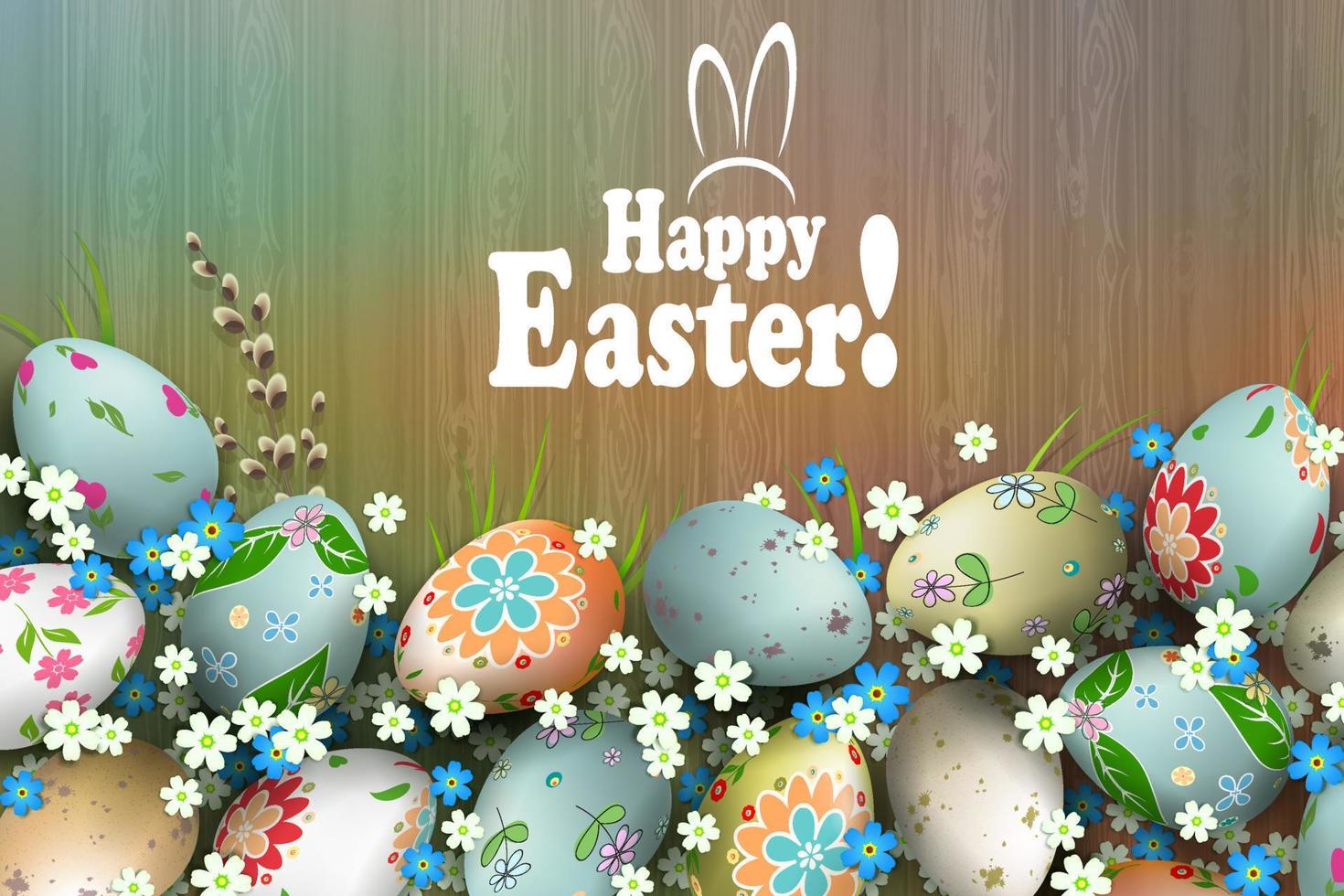 Ostern Komposition mit ein Silhouette von ein Planke, Eier mit ein schön vielfältig Muster, Blumen und Weide Ast. vektor