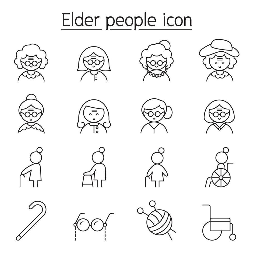 ältere Frau, Großmutter-Ikone im dünnen Linienstil gesetzt vektor