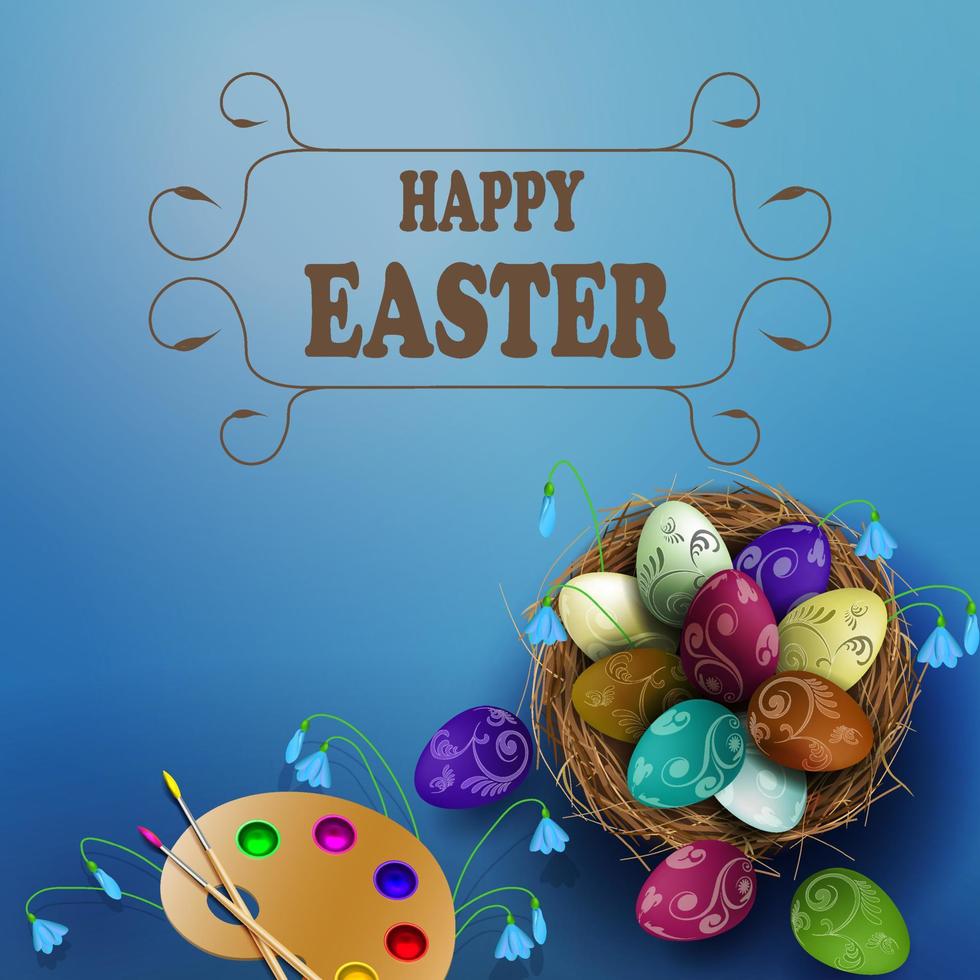 blå illustration med påsk ägg i de bo, palett med borstar och färger. vektor