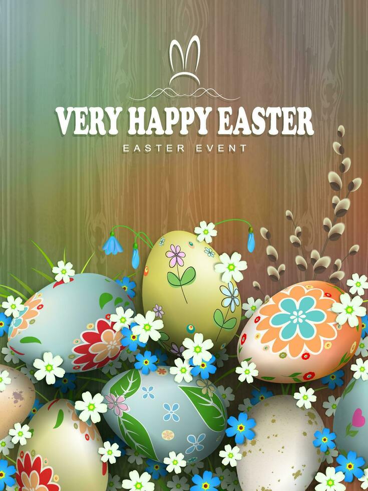 Ostern Komposition mit ein Silhouette von ein Planke, Eier mit ein vielfältig Muster, Blumen und Weide Ast. vektor