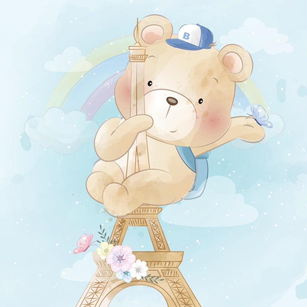 söt björn som hänger på paris torn illustration vektor