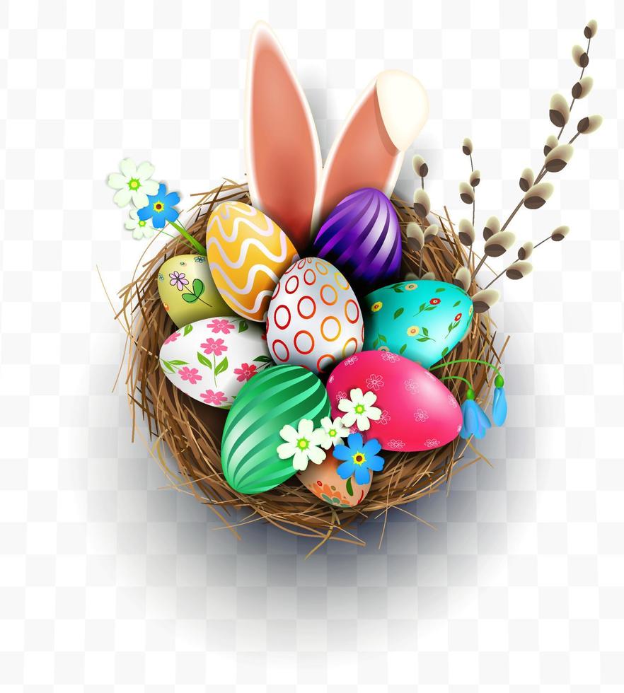 Ostern Design Element, Nest mit Eier, Hase Ohren, Weide Zweig. vektor