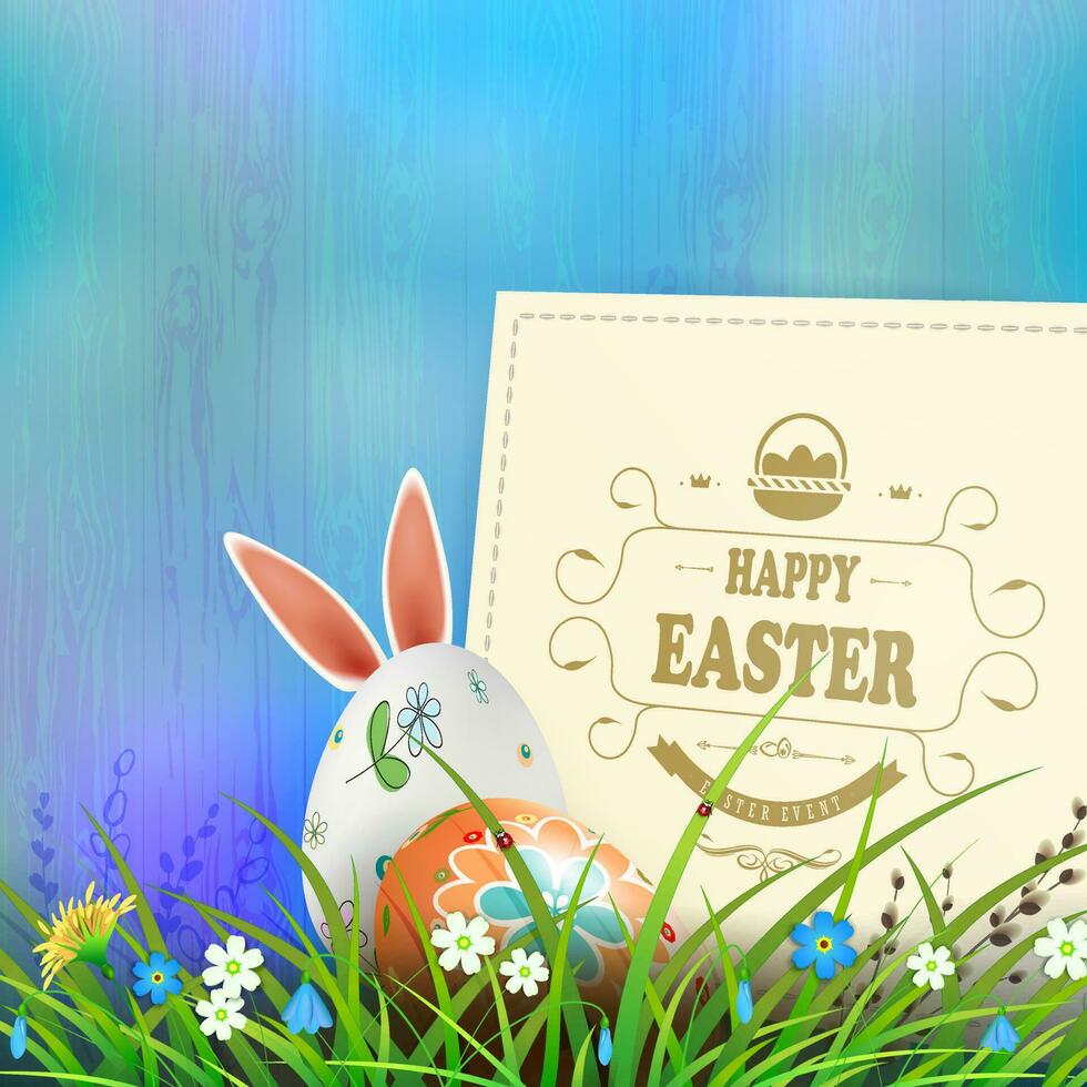 Ostern Komposition im ein Licht Blau Farbton mit ein Platz rahmen, Eier und Hase Ohren, Frühling Blumen mit Weide Zweig und Gras. vektor