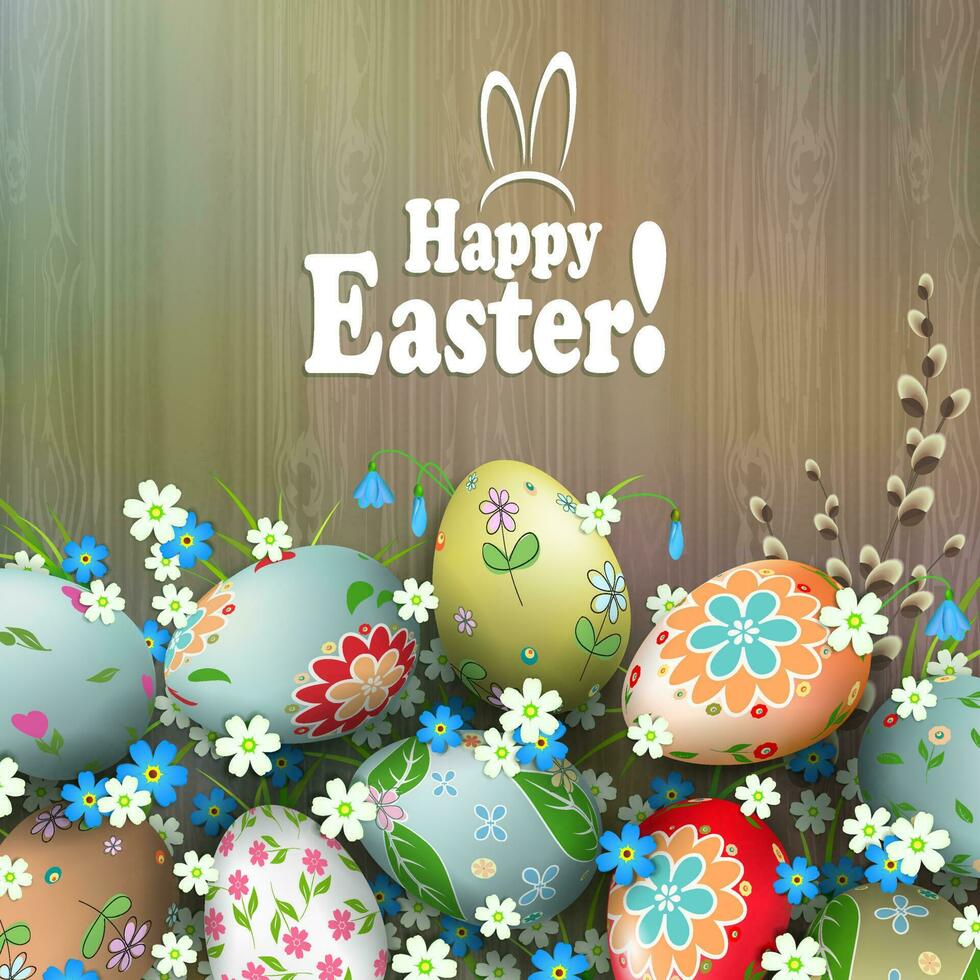 Ostern Komposition mit ein Silhouette von ein Planke, mehrfarbig Eier mit ein vielfältig Muster, Blumen und Weide Ast. vektor