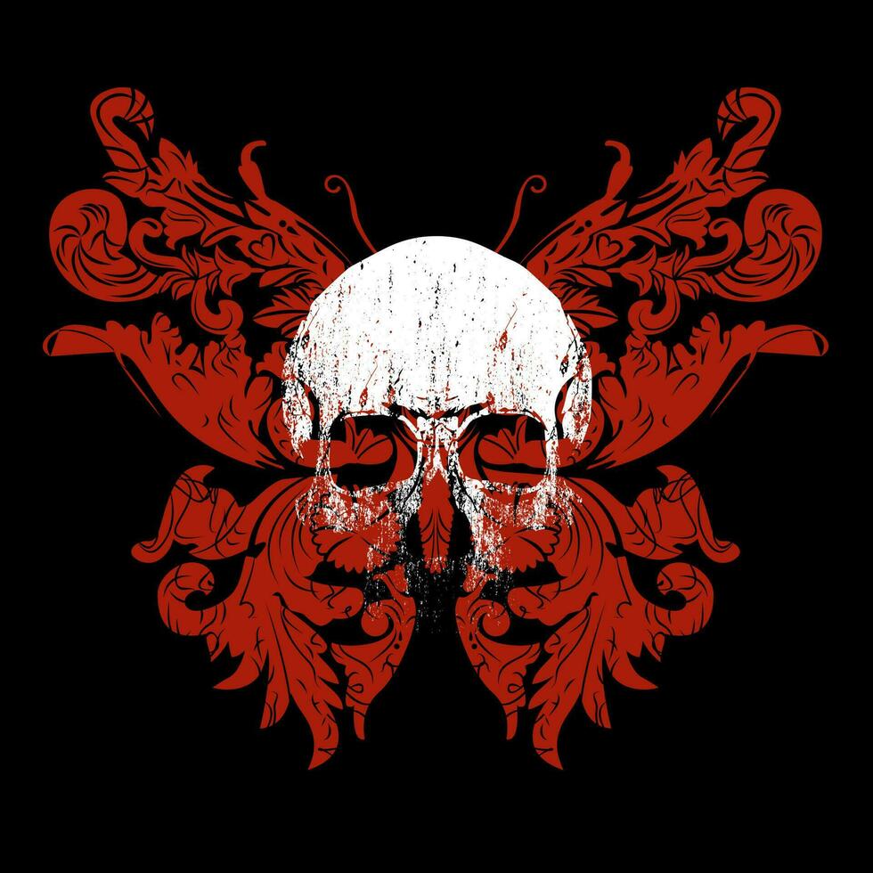 t-shirt design av en skalle och en röd fjäril isolerat på svart vektor