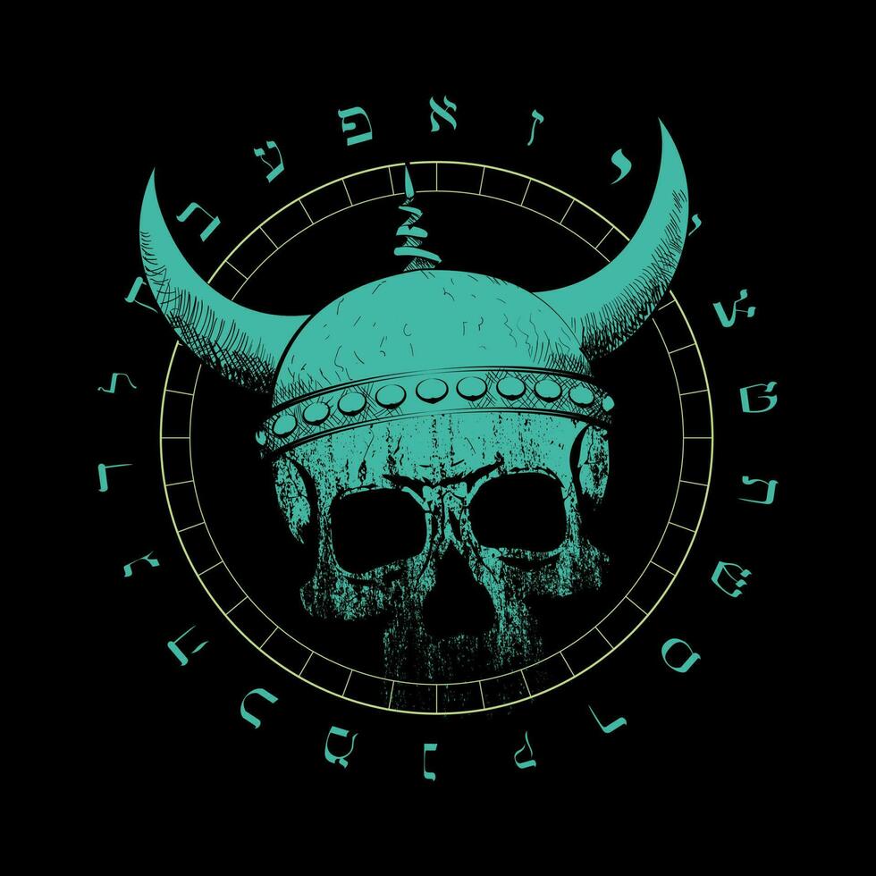 T-Shirt Vektor Design von ein Wikinger Schädel mit Hörner Über ein invertiert Star und Runen Zeichen isoliert auf schwarz. Poster
