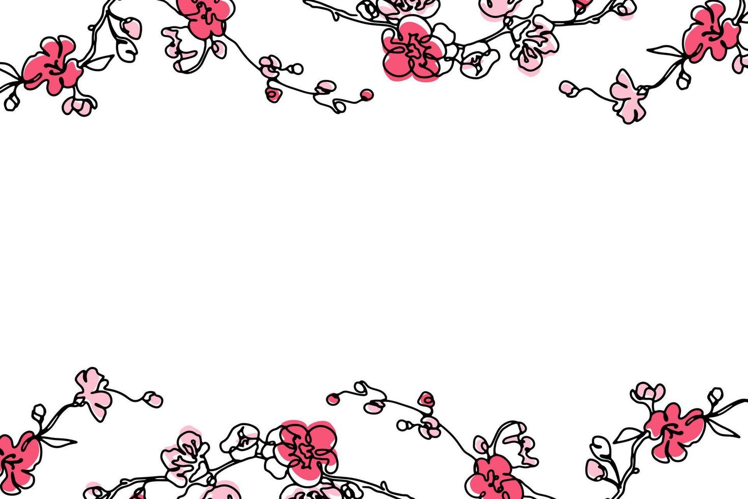 Hand gezeichnet Frühling Blumen- abstrakt Hintergrund Design mit modern Sakura Blühen Blume Linie Kunst. Vektor Illustration. Rosa Sherry blühen Geäst Rand zum Gruß Karten oder Hochzeit Einladungen