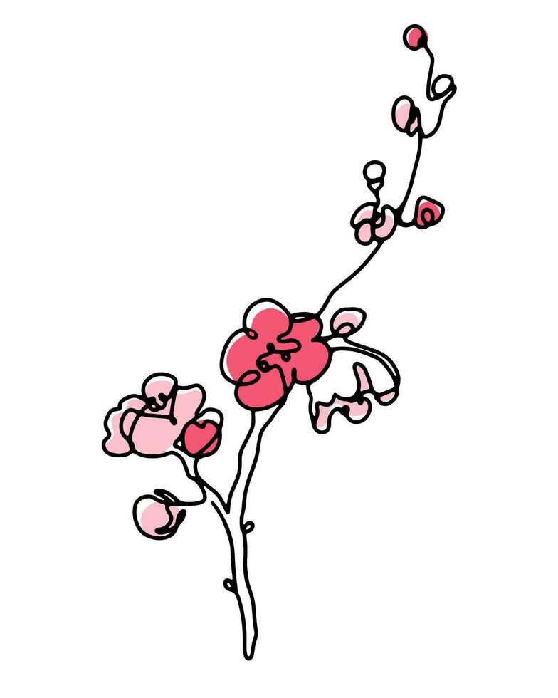 vår sakura blomning gren ett linje konst teckning med abstrakt rosa Färg fläckar design. översikt vektor illustration