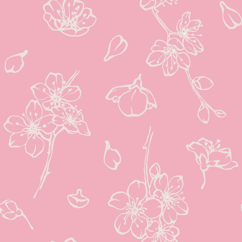 Frühling Kirsche blühen nahtlos Muster mit Blühen Geäst, Blumen, Knospen und Blütenblätter Gliederung Zeichnung auf Rosa Hintergrund. Vektor Blumen- drucken Design zum Hochzeit Einladung, Textil, Tapeten