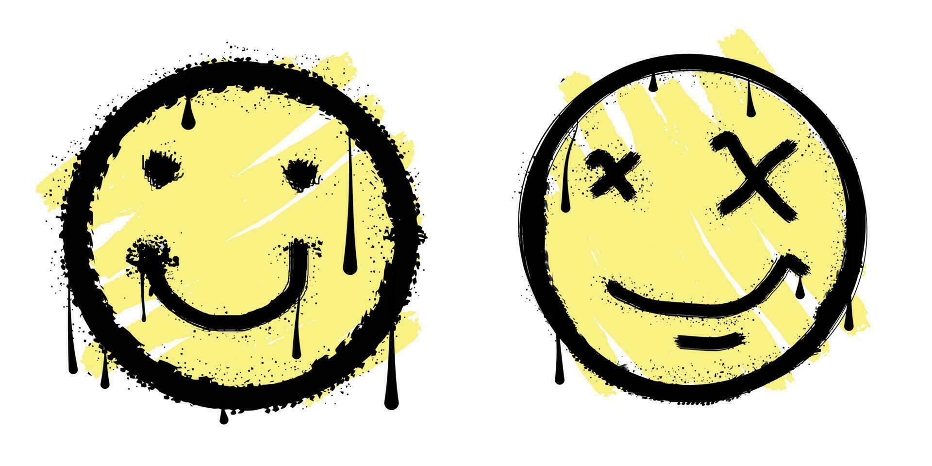 Sammlung Graffiti Emoticon. lächelnd Gesicht sprühen malen. mit tropft Tinte Auswirkungen. Vektor Illustration auf Weiß Hintergrund