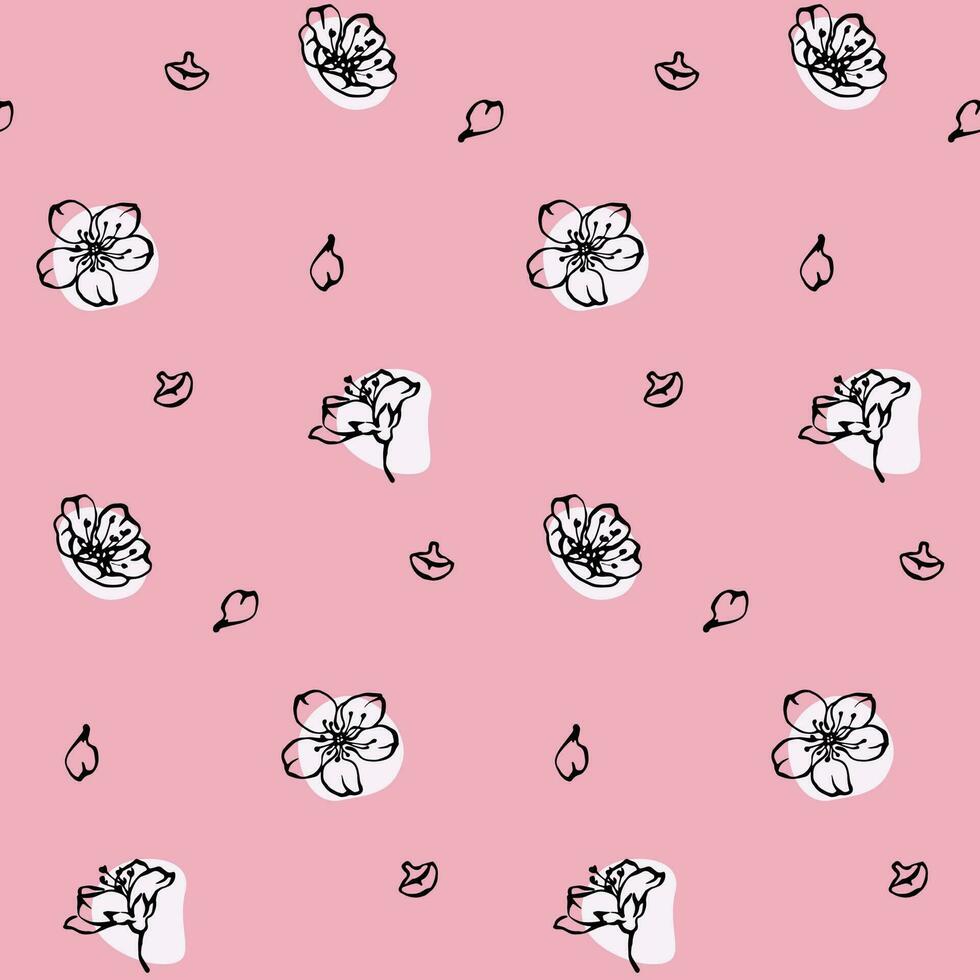 vår körsbär blomma sömlös mönster med blomning grenar, blommor, knoppar och kronblad översikt teckning på rosa bakgrund. vektor blommig skriva ut design för bröllop inbjudan, textil, tapeter