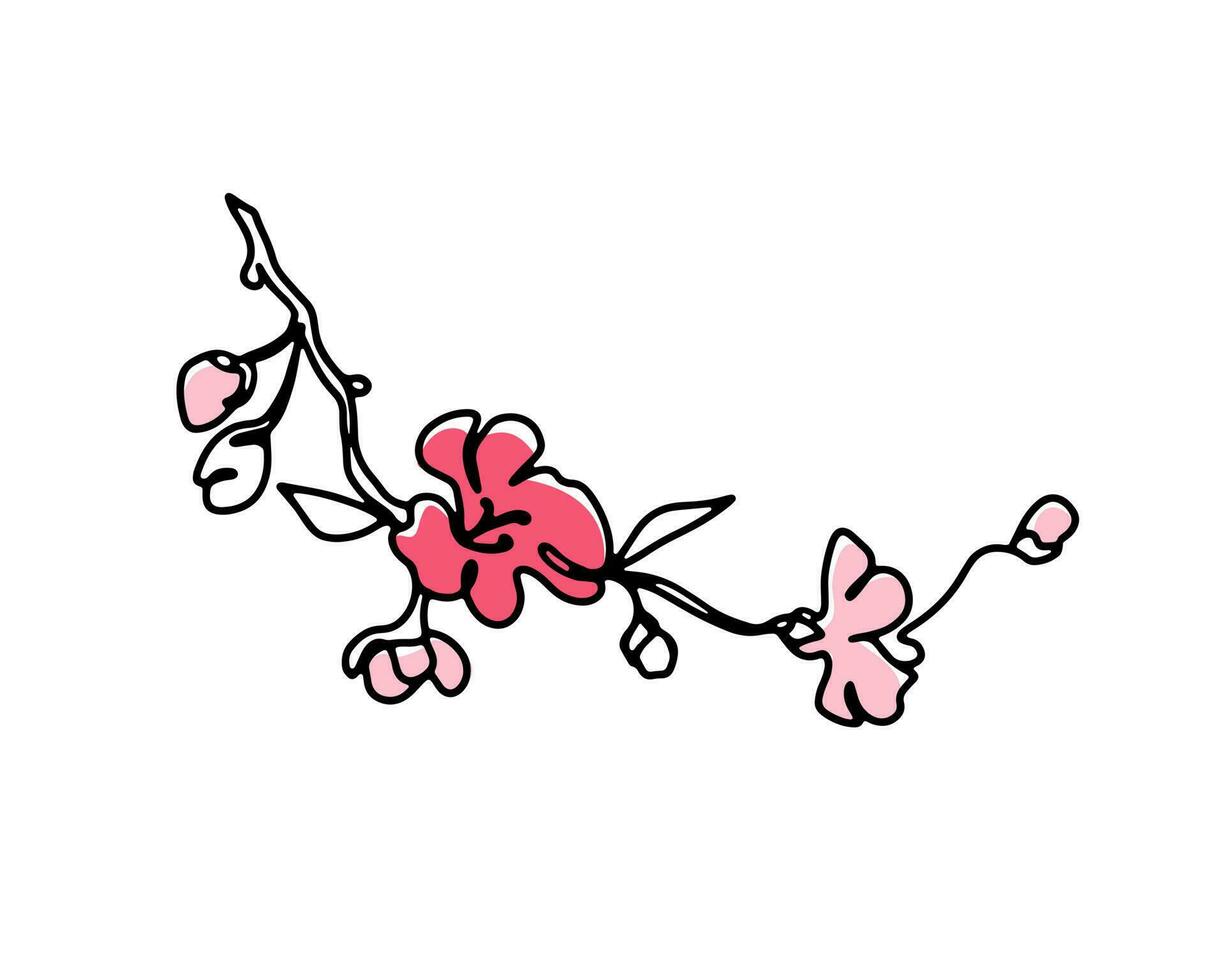 körsbär blomma enda linje konst med abstrakt rosa Färg fläckar, vår blomning sakura gren hand dragen svartvit vektor illustration.