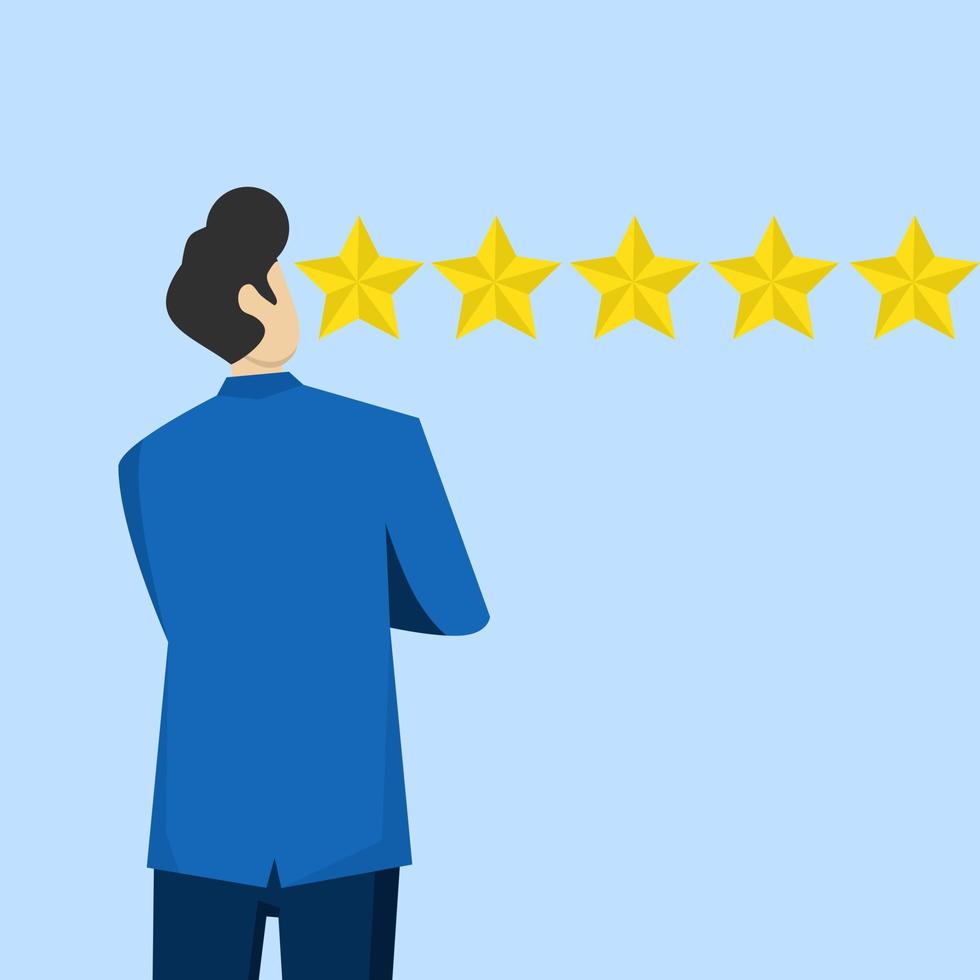 5 Star Bewertung Kunde Rückmeldung, positiv Bewertung oder Geschäft Ruf und Befriedigung Konzept, überlegen hoch Performance Auswertung, oben Qualität, zuversichtlich Unternehmer geben 5 Star Bewertung. vektor