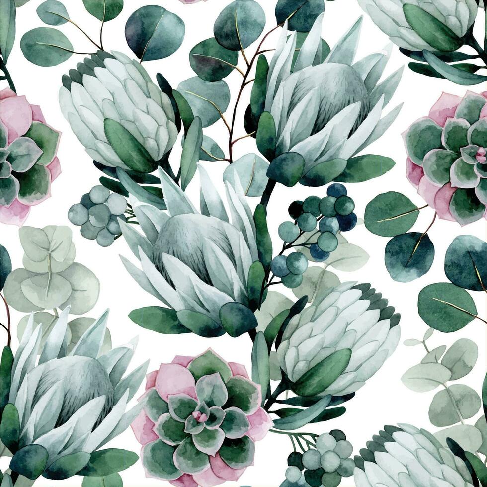 Aquarell Zeichnung. nahtlos Muster mit tropisch Blumen und Blätter. Protea Blumen und Eukalyptus Blätter auf Weiß Hintergrund vektor