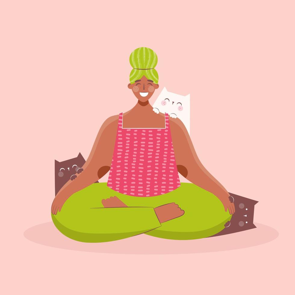 ung kvinna praktiserande yoga övning med henne katter. katt stör. liv med katt. sällskapsdjur äganderätt, sällskapsdjur förälder. internationell yoga dag.vektor illustration vektor