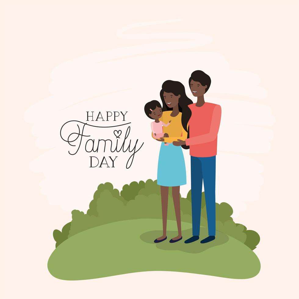 Familientagskarte mit schwarzen Eltern und Tochter im Feld vektor