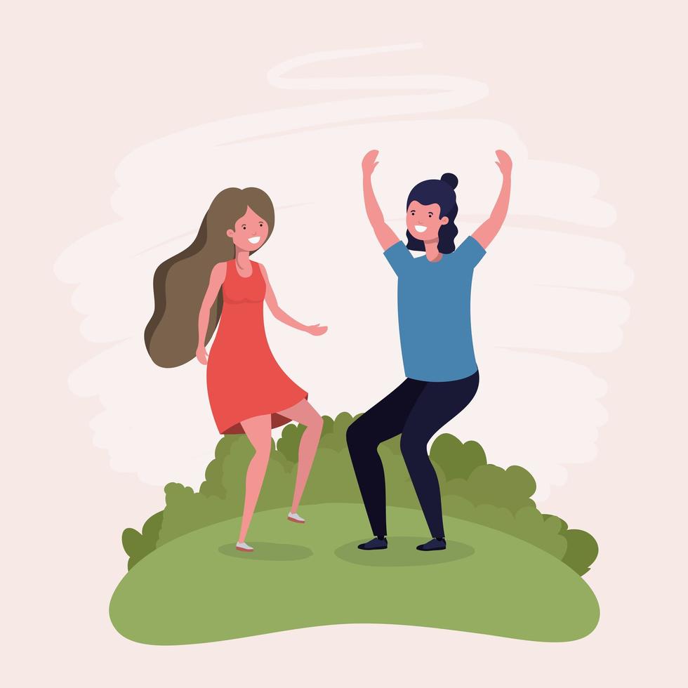 ungt par hoppar firar i parken karaktärer vektor