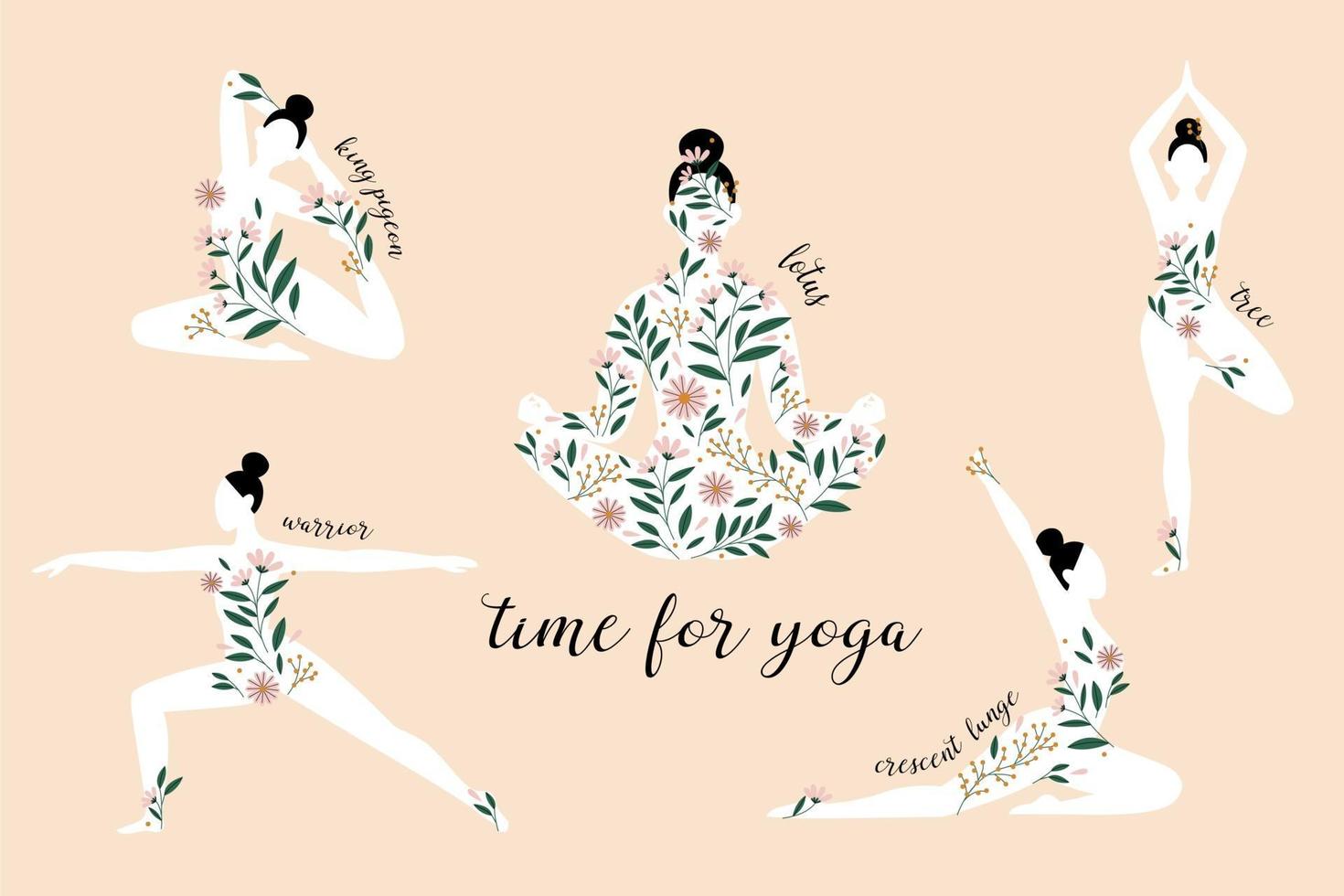 Frauen-Silhouetten, die in verschiedenen Yoga-Posen stehen. Lotus Pose Silhouette. Blumenmuster. vektor