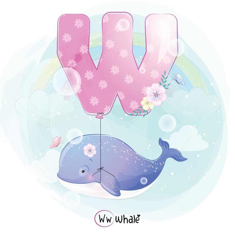 niedlicher Wal mit Alphabet w Ballonillustration vektor