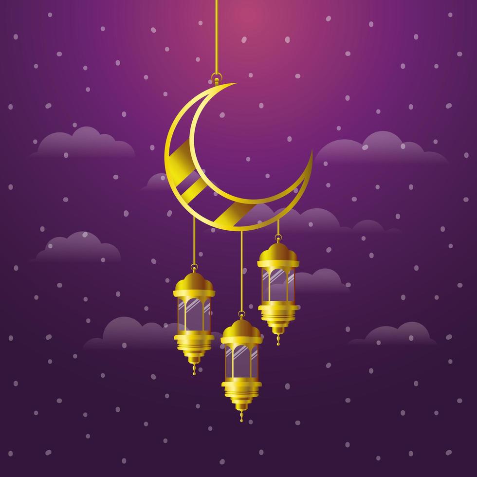 Ramadan Kareem goldene Laternen und Mond hängen vektor