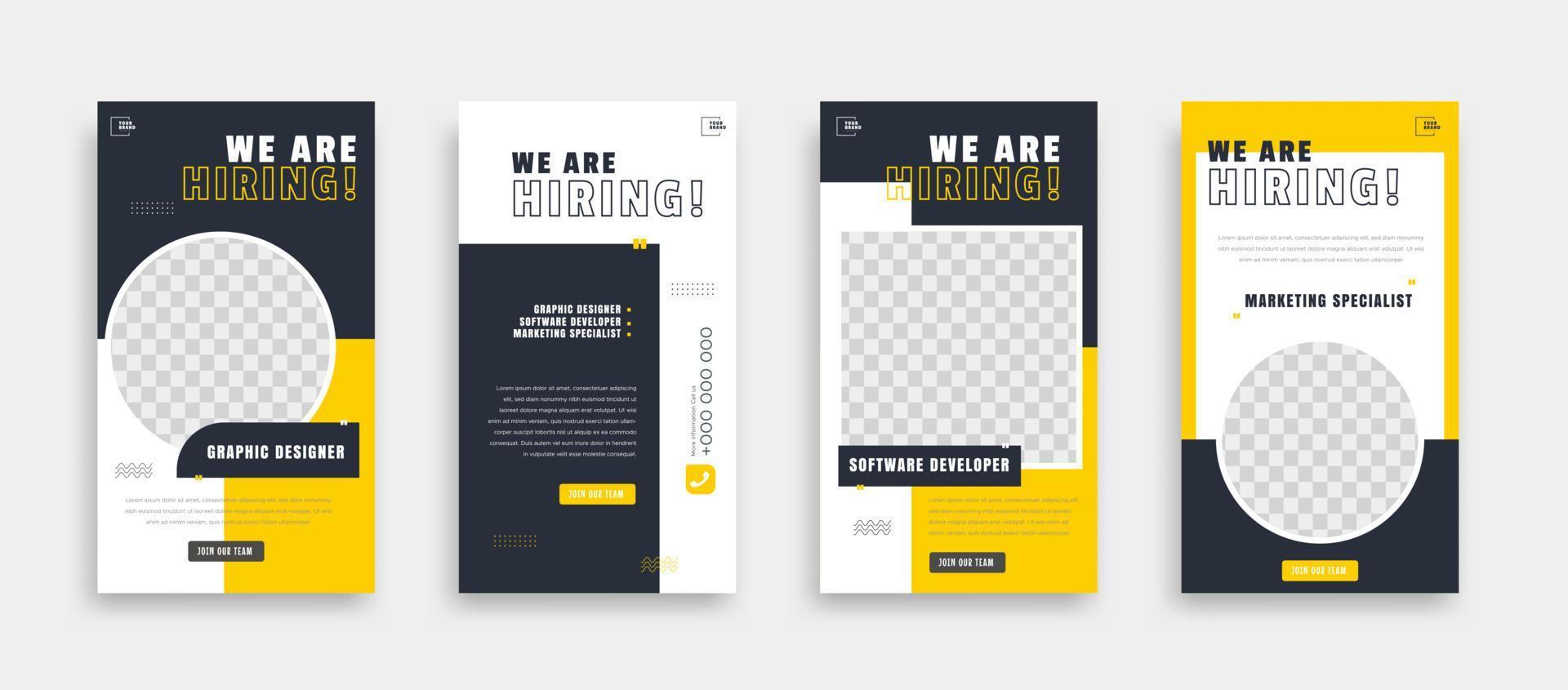 Wir stellen eine Designvorlage für Stellenangebote in sozialen Medien für Postbanner mit gelber Farbe ein. Wir stellen ein quadratisches Web-Banner-Design für Stellenangebote ein. vektor
