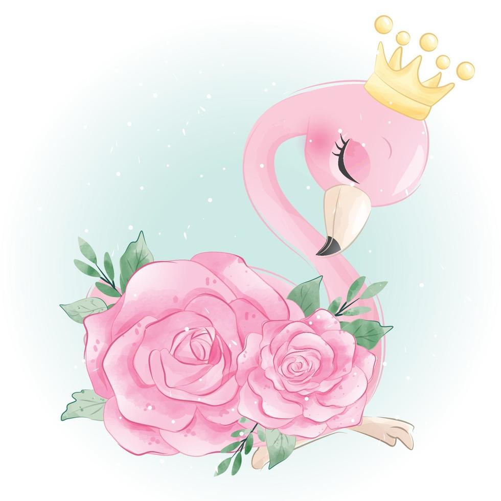 söt flamingo med blommig illustration vektor