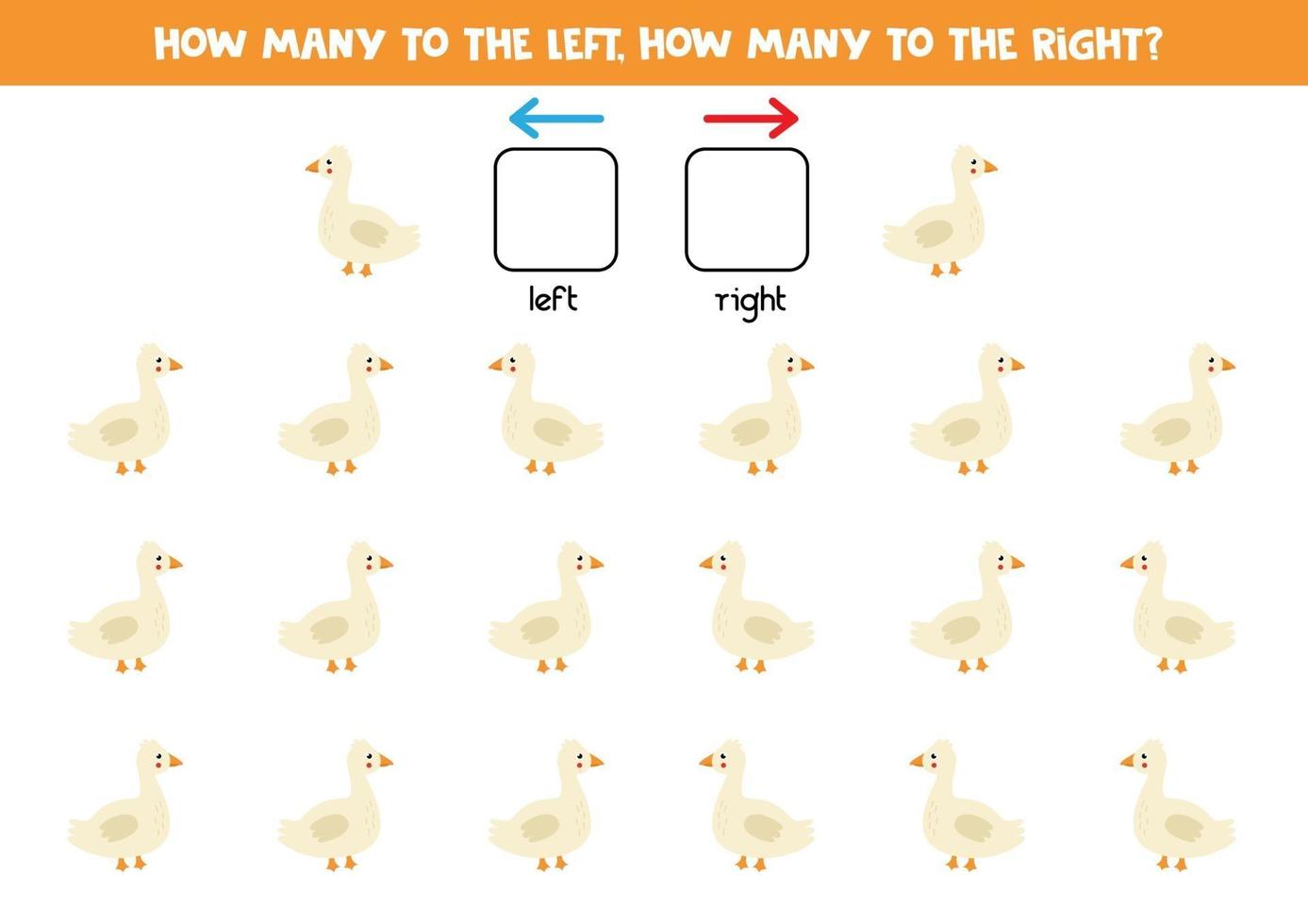 links oder rechts mit süßer Gans. logisches Arbeitsblatt für Kinder im Vorschulalter. vektor