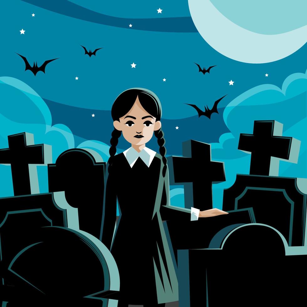 gotik flicka i svart klänning i kyrkogård vektor