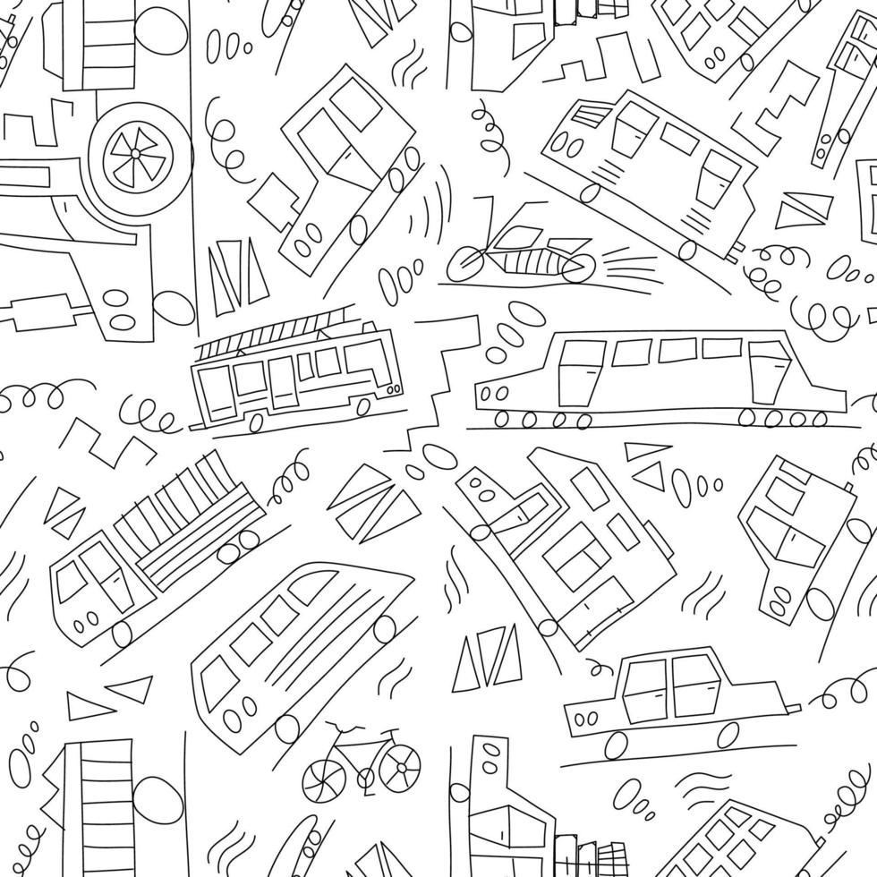 vektor svartvita doodle monoline bilar. sömlös pojke mönster monoline. konsistens för tapeter, fyllningar, webbsidans bakgrund.