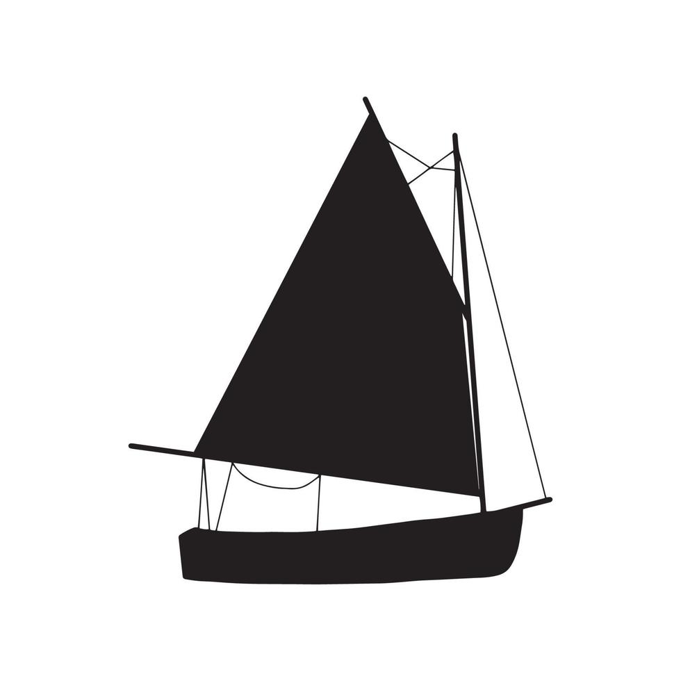 Angeln Boot schwarz Silhouette. klein Schiffe im eben Design. Kind Spielzeug Stil. Vektor Illustration auf Weiß Hintergrund