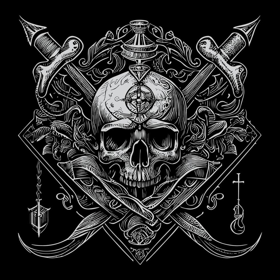 Pirat Schädel ist ein Symbol von das gesetzlos und gefährlich Welt von Piraten. es repräsentiert Tod, Achtung, und Rebellion, häufig abgebildet mit gekreuzt Knochen oder Schwerter vektor