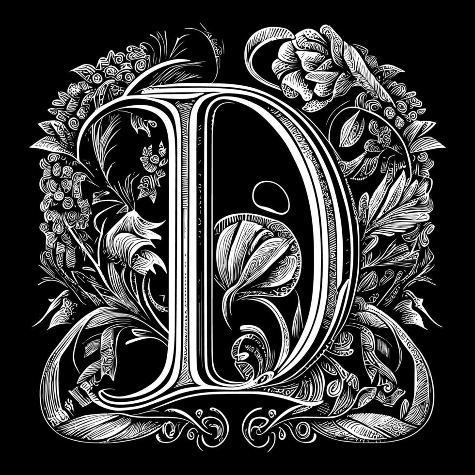 brev d blommig prydnad logotyp är en skön och invecklad design den där funktioner delikat blommig element till skapa en unik och elegant branding bild vektor