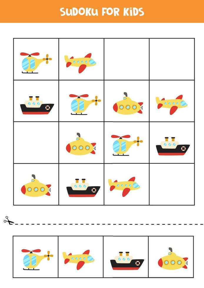 sudoku-spel med tecknadstransportmedel. vektor