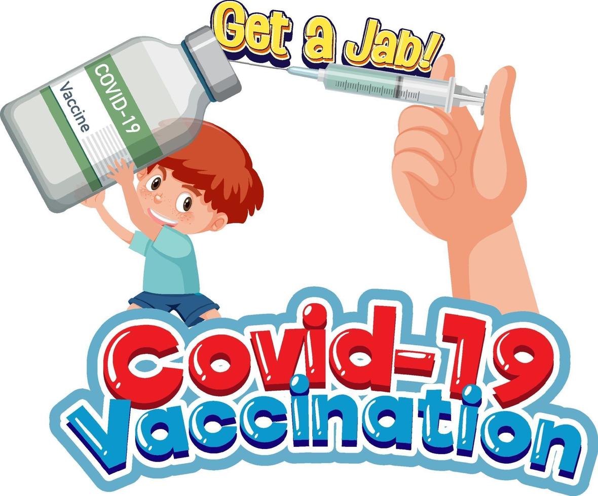 Covid-19-Impfschrift mit einem Jungen, der Impfflasche und Spritze hält vektor
