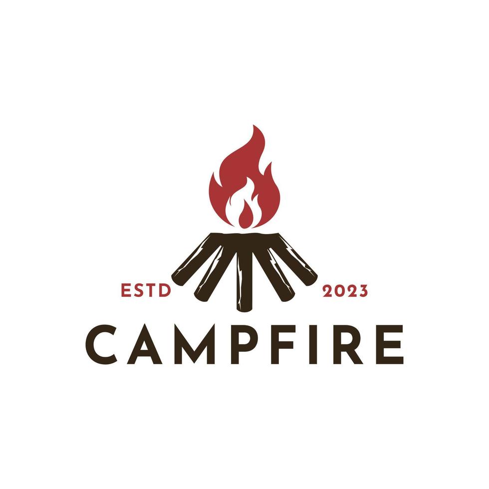 Camping Logo, heiß Lagerfeuer Protokolle auf Hand gezeichnet Briefmarke bewirken Vektor Illustration. Jahrgang zum Party Poster und Banner