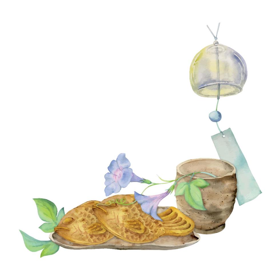 vattenfärg hand dragen traditionell japansk sötsaker. keramisk maträtt, taiyaki, sommar blommor och vindspel. isolerat på vit bakgrund. för inbjudningar, restaurang meny, hälsning kort, skriva ut, textil- vektor